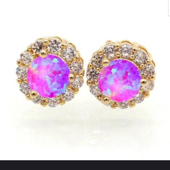 Luckyshine Gold Plated White Fire Opal Stud Earrings – European Flower Style – 925 Silver Base, Lab-Created Opal